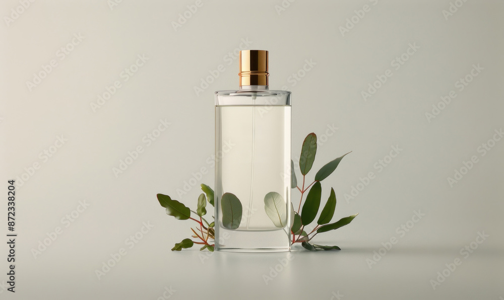 Transparent perfume bottle with a gold cap, set against a white background, surrounded by small green leaves. Detailed and sharp, ideal for commercial use and beauty product advertisements Transparent perfume bottle with a gold cap, set against a white background, surrounded by small green leaves. Detailed and sharp, ideal for commercial use and beauty product advertisements