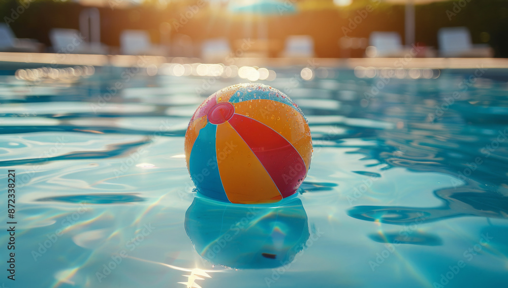 Summer holidays background with colorful beach ball floating on luxury swimming pool and copy space Summer holidays background with colorful beach ball floating on luxury swimming pool and copy space