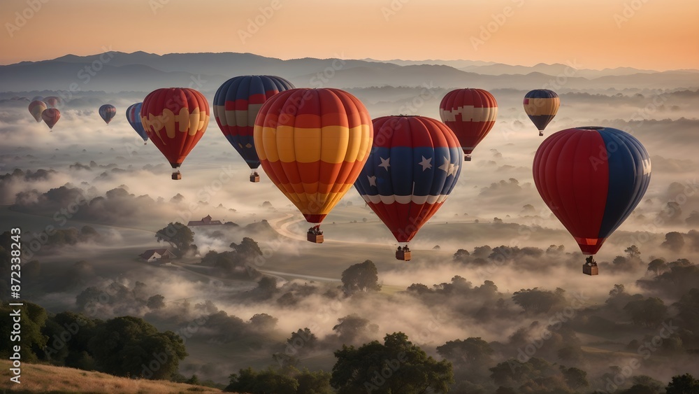 Naklejka premium A Festive Flight: Hot Air Balloons Lift Off at Dawn to Celebrate Independence Day. High above the landscape.