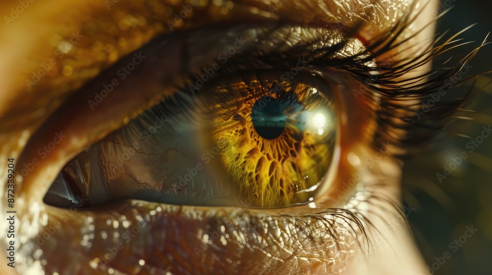 Realistic image of an eye. Iris, cornea, retina with luminous flash. Light brown and yellow eye. Realistic image of an eye. Iris, cornea, retina with luminous flash. Light brown and yellow eye.