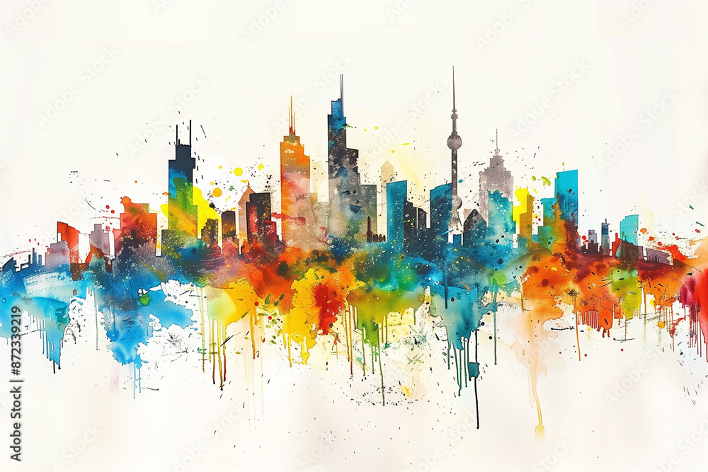 Obraz premium Berlin skyline in watercolor. Colored graffiti-esque, splatter paintings, bold colours, white background, spectacular backdrops