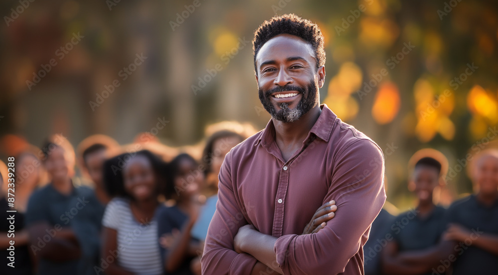 Confident Male Teacher Leading Diverse Group of Students Outdoors
Confident Male Teacher Leading Diverse Group of Students Outdoors