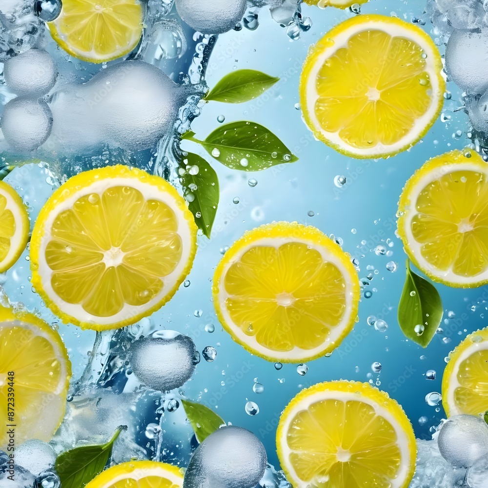 Slices of juicy lemon fresh mint and splashing cold water Slices of juicy lemon fresh mint and splashing cold water