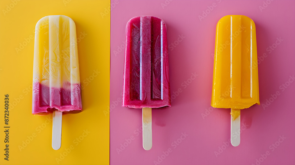 photo of three popsicles of different colors on a vibrant background, suitable for summer themes with copy space. photo of three popsicles of different colors on a vibrant background, suitable for summer themes with copy space.