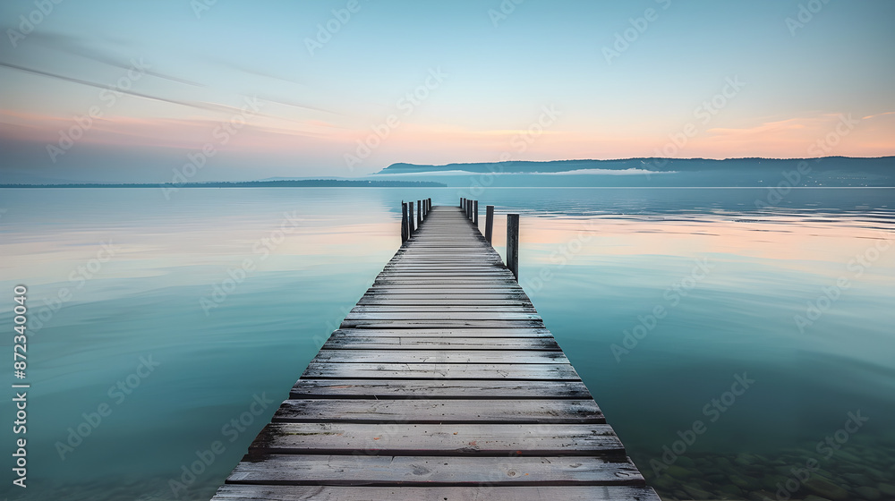 Serene pier extending into a tranquil lake at sunrise, with pastel sky and calm water reflection, ideal for travel, nature, or relaxation themes. Contains copy space. Serene pier extending into a tranquil lake at sunrise, with pastel sky and calm water reflection, ideal for travel, nature, or relaxation themes. Contains copy space.