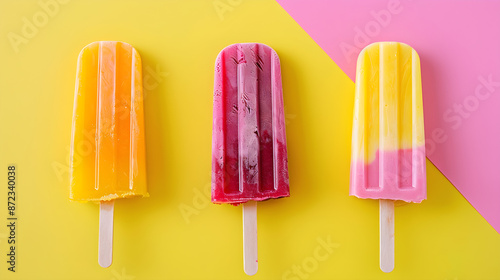 Photo of three popsicles in different colors on a vibrant, colorful background. Perfect for summer themes, food-related graphics, or cooling treat advertisements. Copy space available.