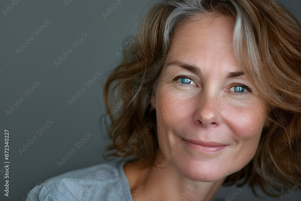 Close-up portrait of a middle-aged woman with grey hair and blue eyes, smiling and looking relaxed and confident, suitable for lifestyle and personal growth themes, with copy space. Close-up portrait of a middle-aged woman with grey hair and blue eyes, smiling and looking relaxed and confident, suitable for lifestyle and personal growth themes, with copy space.
