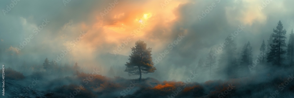 Panoramic of nature with low-hanging fog at sunset, AI-generative Panoramic of nature with low-hanging fog at sunset, AI-generative