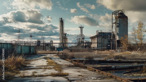 The photo shows an abandoned industrial building. The factory is in ruins. photo