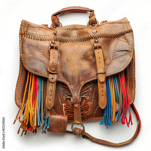 Multicolored Mastery: Saddlebag Showcasing Vibrant Cords on a Soft Pastel Background photo