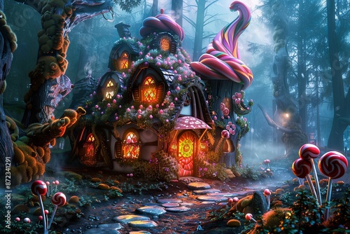 Story book candy house deep in a forest.