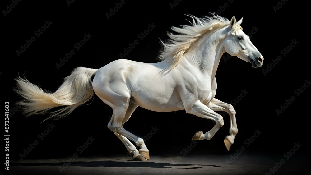 White horse runs gallop isolated on the black White horse runs gallop isolated on the black