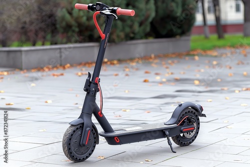 A sleek black electric scooter with red accents stands on an urban sidewalk with autumn leaves photo