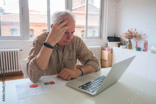 Senior businessman stressed over financial charts at office photo