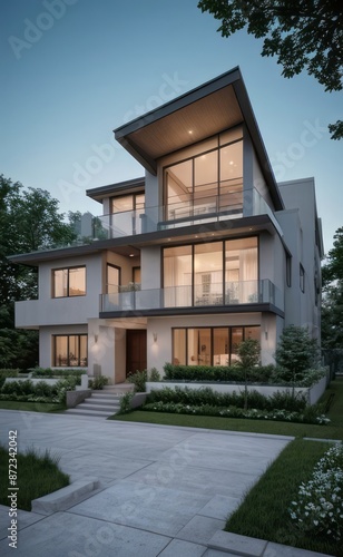 Wallpaper Mural A Contemporary Dwelling with Stylish Architecture, Beautiful Exterior Design, and a Serene Garden Setting. Perfect Family Home in a Residential Neighborhood, Featuring Thoughtful Construction Torontodigital.ca