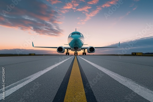 A plane taking off at an airport at sunset. Travel and business concept.