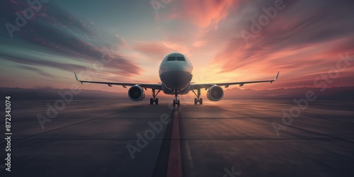 A plane taking off at an airport at sunset. Travel and business concept.
