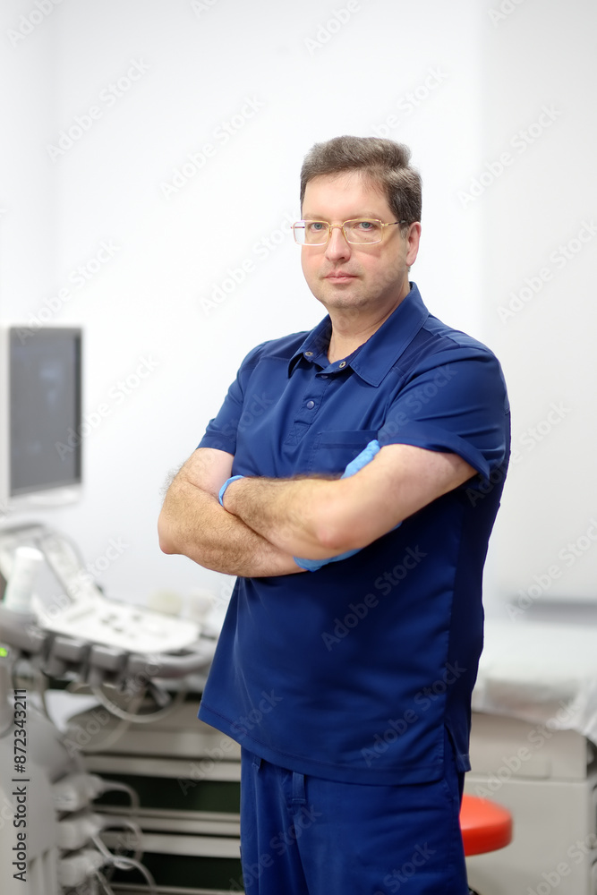 Portrait of oncologist mammologist doctor during appointment of patient. Doctor of ultrasound scanning during working in modern clinic. Portrait of oncologist mammologist doctor during appointment of patient. Doctor of ultrasound scanning during working in modern clinic.