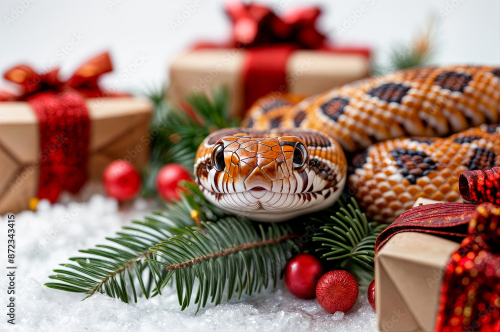 The snake is surrounded by a Christmas tree and presents. Symbol of the New Year 2025 The snake is surrounded by a Christmas tree and presents. Symbol of the New Year 2025
