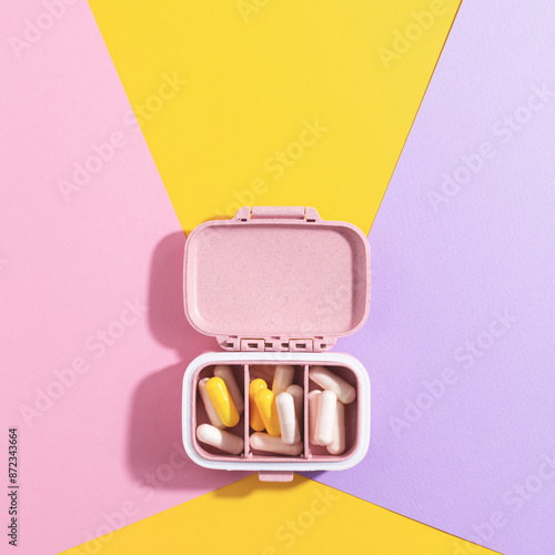 Top view of an open pink pillbox with tablets on a colourful background, square composition with copy space. Creative healthcare and wellness concept for travel.