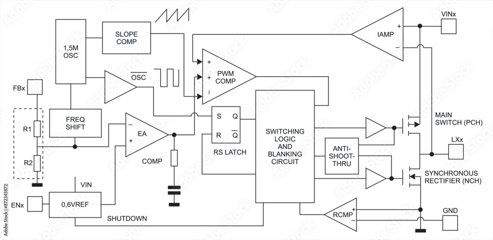 Block diagram of electronic device on sheet of paper.
Vector drawing electrical circuit with operational amplifier, signal generator, trigger, logic gates, resistor,
integrated circuit, capacitor. Block diagram of electronic device on sheet of paper.
Vector drawing electrical circuit with operational amplifier, signal generator, trigger, logic gates, resistor,
integrated circuit, capacitor.