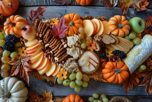 An autumn-themed charcuterie board with sliced apples, various cheeses, and nuts, adorned with mini pumpkins photo