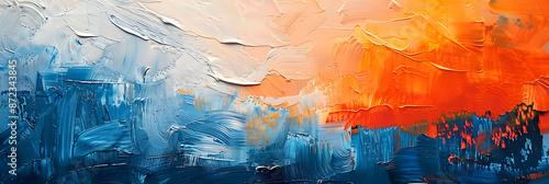 Closeup of abstract rough colorful blue orange complementary colors art painting texture background wallpaper, with oil or acrylic brushstroke waves, pallet knife paint on canvas  photo