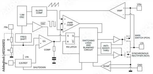 Block diagram of electronic device on sheet of paper.
Vector drawing electrical circuit with operational amplifier, signal generator, trigger, logic gates, resistor, 
integrated circuit, capacitor.