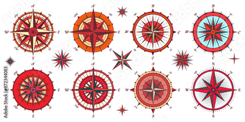 Vintage marine wind rose, nautical chart. Colorful navigational compass with cardinal directions of North, East, South, West. Geographical position, cartography and navigation. Vector illustration