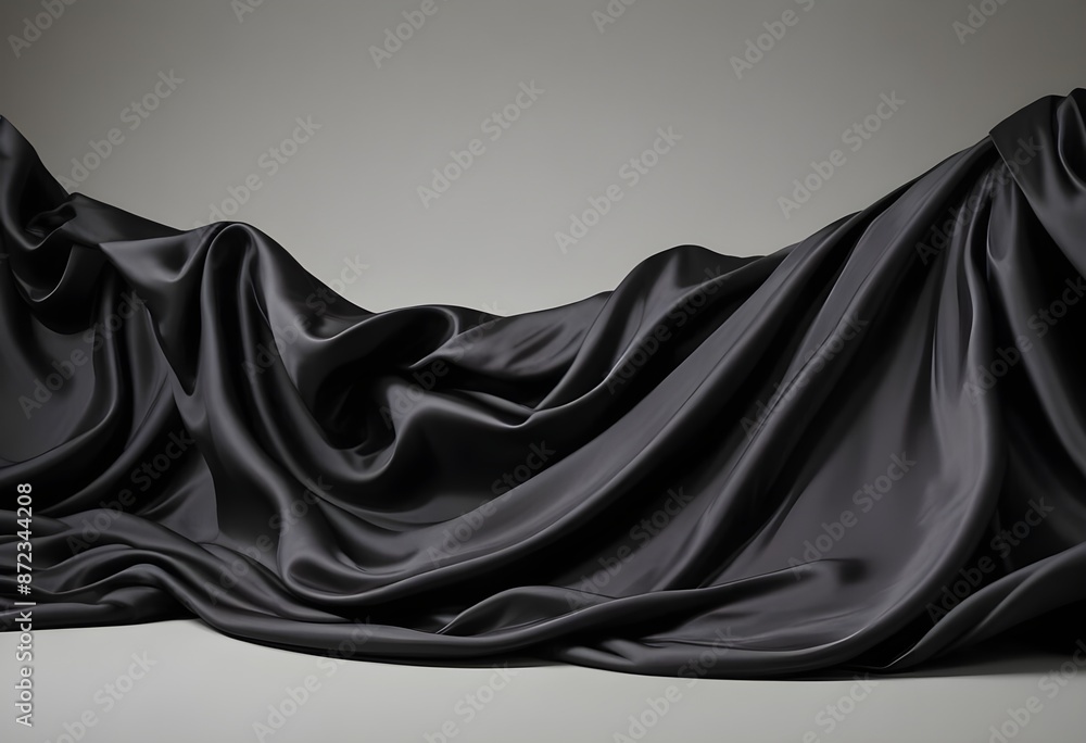 Fototapeta premium Wavy smoot soft black silk drap fallind surface sample texture background
