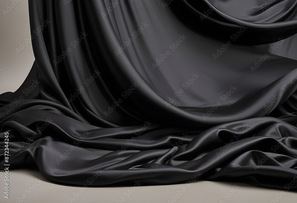 Fototapeta premium Wavy smoot soft black silk drap fallind surface sample texture background