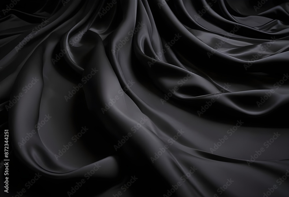Fototapeta premium Wavy smoot soft black silk drap fallind surface sample texture background