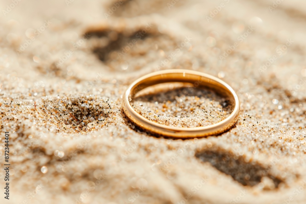 Golden ring partially submerged in mud, reflecting sunlight with surrounding seaweed, depicting an enigmatic and mysterious scene of a lost treasure