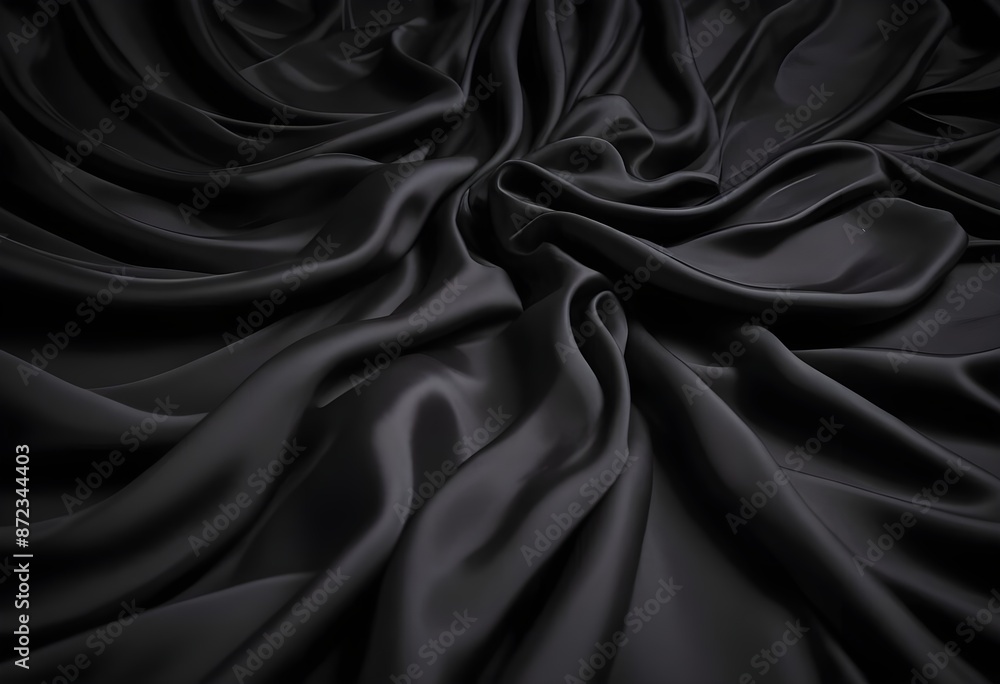 Fototapeta premium Wavy smooth black silk drapery background texture sample