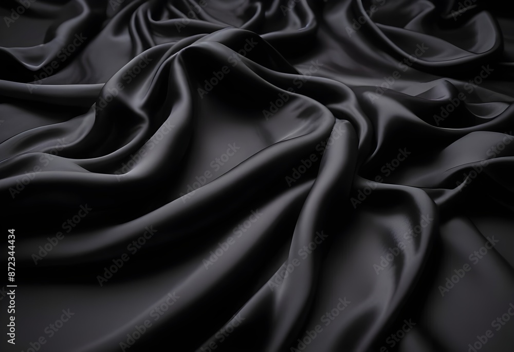 Fototapeta premium Wavy smooth black silk drapery background texture sample