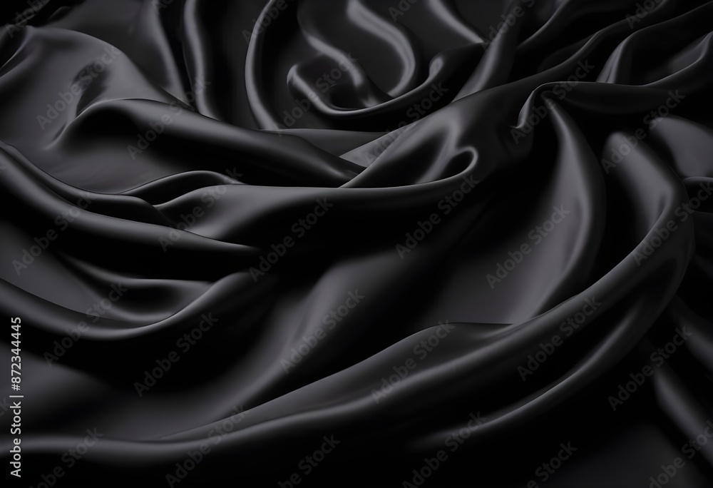 Fototapeta premium Wavy smooth black silk drapery background texture sample