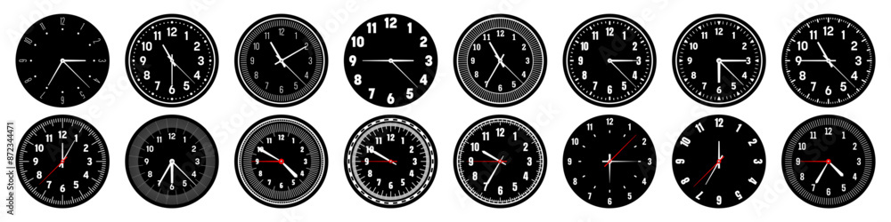 Mechanical clock faces with hands, bezel. Watch dial with minute, hour marks and numbers, arabic numerals. Timer or stopwatch element. Measuring circle scale with divisions. Vector illustration Mechanical clock faces with hands, bezel. Watch dial with minute, hour marks and numbers, arabic numerals. Timer or stopwatch element. Measuring circle scale with divisions. Vector illustration