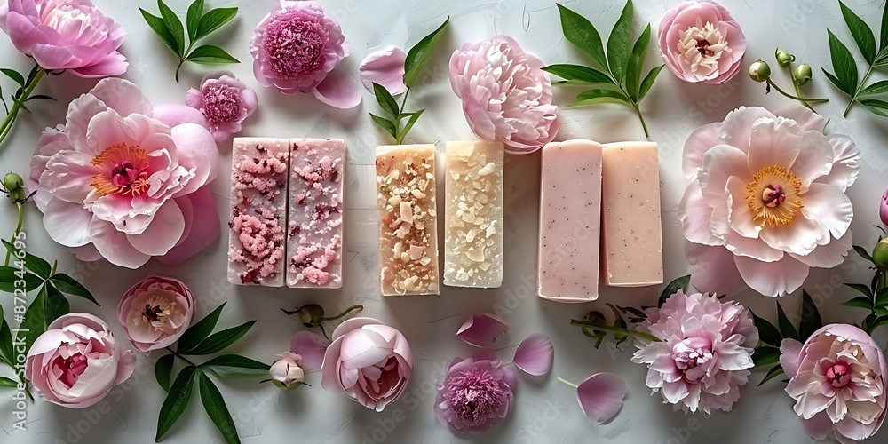 Pink peony flowers and handmade soaps on a white background Pink peony flowers and handmade soaps on a white background