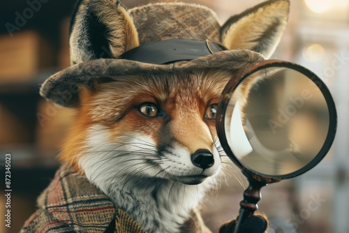 Whimsical anthropomorphic fox detective with a magnifying glass, showcasing playful and creative design in a charming, vintage-inspired setting photo