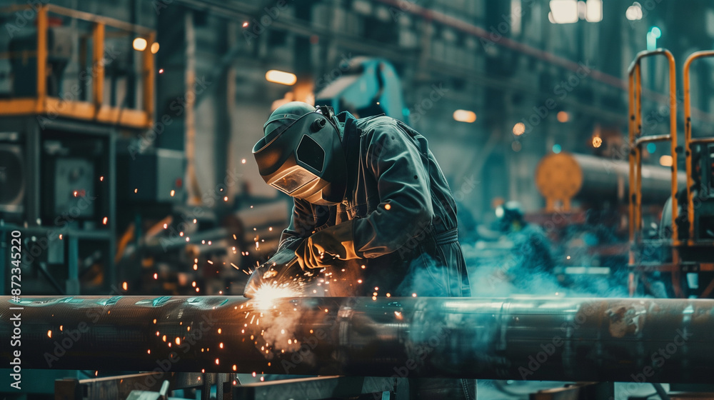 A welder wearing protective gear working on metal pipes in an industrial setting, with sparks flying around. Perfect for showcasing industrial labor and craftsmanship. A welder wearing protective gear working on metal pipes in an industrial setting, with sparks flying around. Perfect for showcasing industrial labor and craftsmanship.