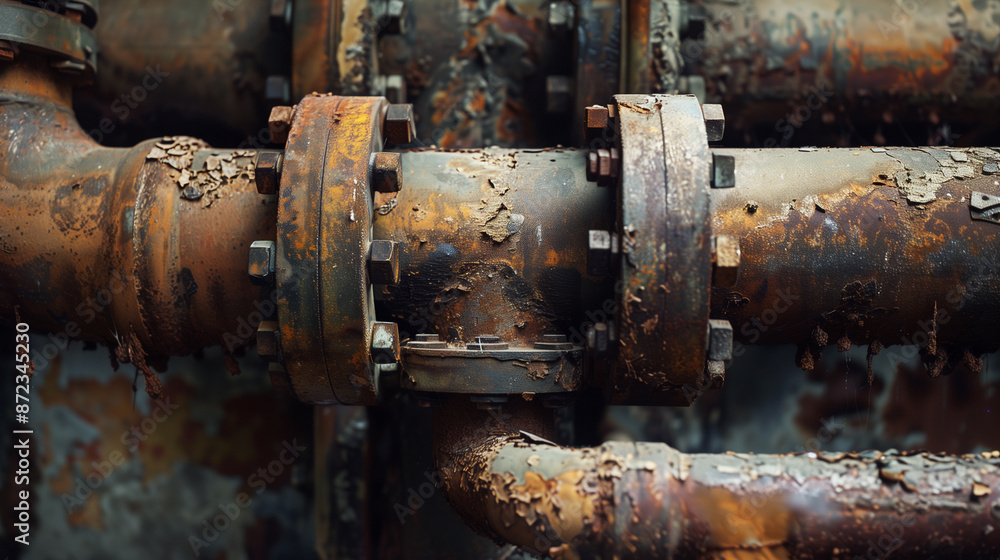 Close-up of old, rusted pipes with peeling paint, showing the texture and detail of corrosion. Ideal for themes of decay, industrial history, and environmental impact. Close-up of old, rusted pipes with peeling paint, showing the texture and detail of corrosion. Ideal for themes of decay, industrial history, and environmental impact.