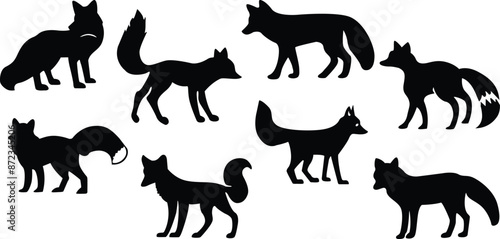 Fox silhouettes set. Black and white foxes clipart set. Vector illustration