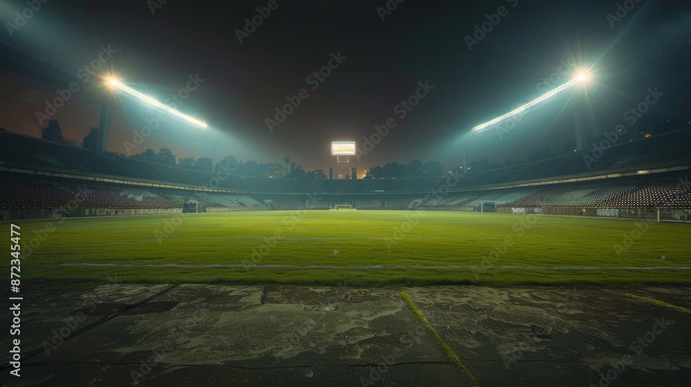 Abandoned football stadium under the captivating and mesmerizing night sky illumination Abandoned football stadium under the captivating and mesmerizing night sky illumination