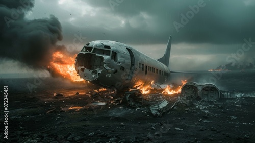 dramatic photo of a burning crashed plane with smoke, fire, and debris against a backdrop of dark clouds and gray sky