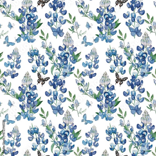 Bluebonnet flowers, watercolors, butterflies, leaves, seamless fabric pattern, fashionable summer vintage textile, background