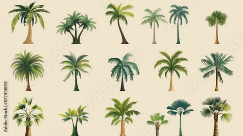 This illustration displays a collection of various palm trees organized in a grid layout, showing different shapes and colors of palm trees seen around the world. © Helen