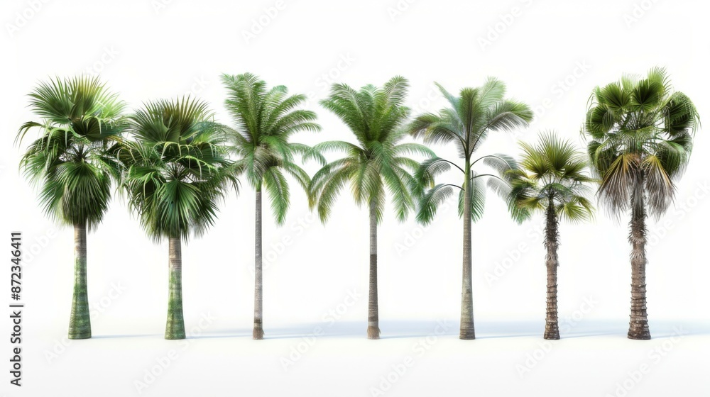 Obraz premium A lineup of seven different palm trees, each displaying distinct leaf patterns and trunk textures, set against a plain white background to emphasize their individual features.