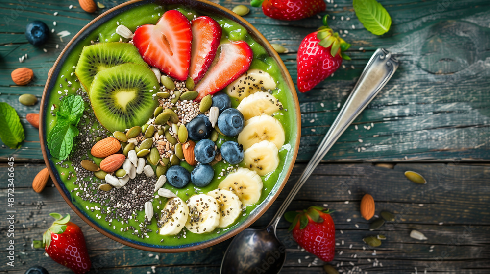 A close-up of a colorful and nutritious smoothie bowl topped with fresh fruits, nuts, and seeds. This appetizing presentation is ideal for promoting a healthy diet and lifestyle. A close-up of a colorful and nutritious smoothie bowl topped with fresh fruits, nuts, and seeds. This appetizing presentation is ideal for promoting a healthy diet and lifestyle.