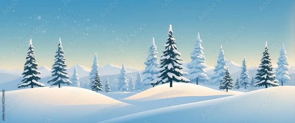 Naklejka premium Snow covered pine trees in a serene winter landscape, with a clear sky and distant mountains, creating a peaceful and tranquil atmosphere