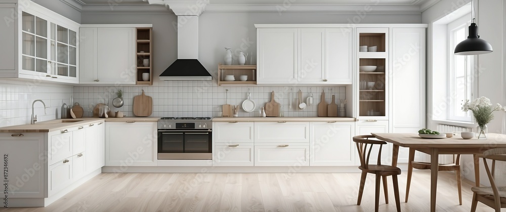 A modern white kitchen with minimalist design, featuring wooden countertops, open shelves, and a dining table Bright, spacious, and ideal for family gatherings A modern white kitchen with minimalist design, featuring wooden countertops, open shelves, and a dining table Bright, spacious, and ideal for family gatherings